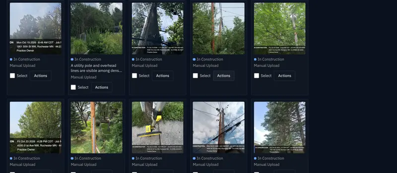 Job photos: a grid of pole, strand and right-of-way photos, each stamped with date, time, job number, street address and GPS.