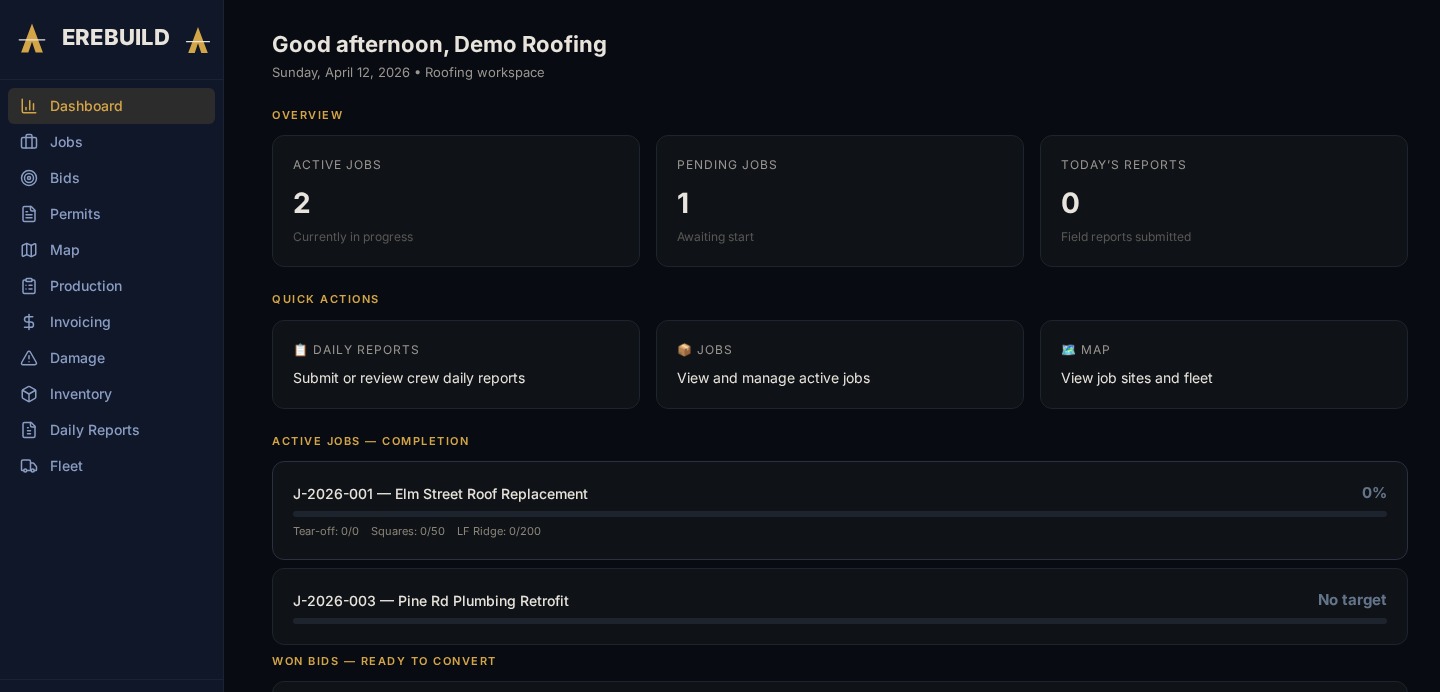 Erebuild dashboard showing active jobs, pending jobs, and quick actions