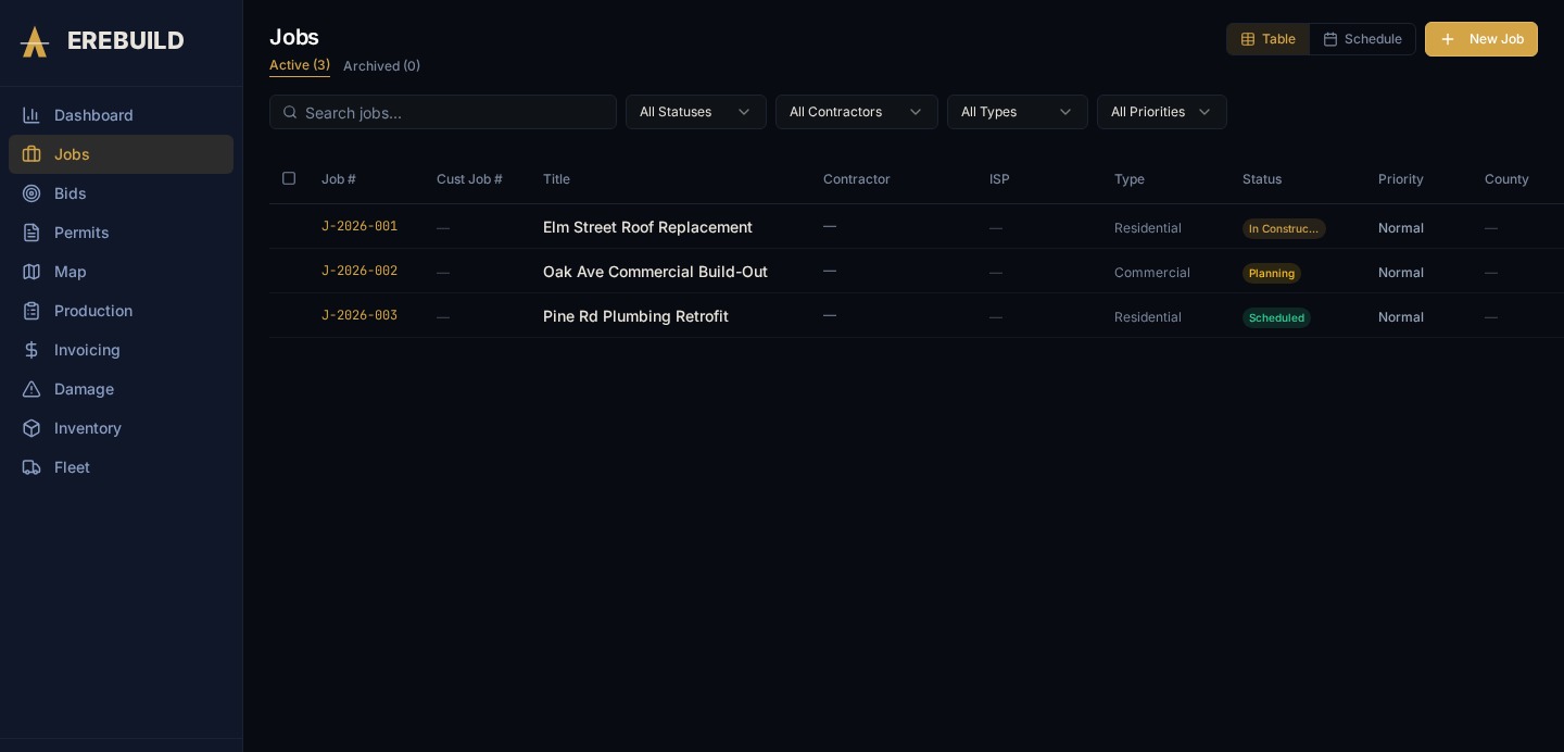 Erebuild jobs table with status, type, and priority columns