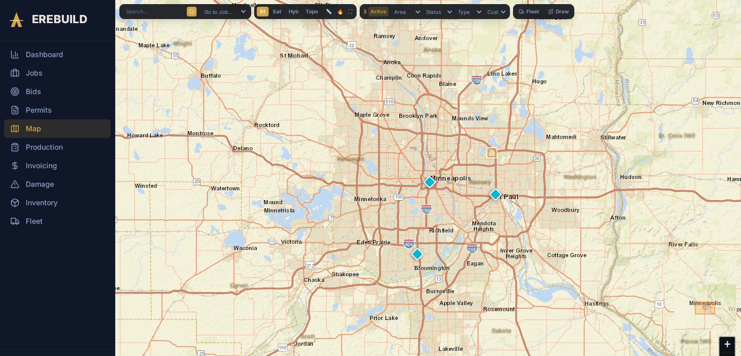 Erebuild live job map with job site markers and filtering controls