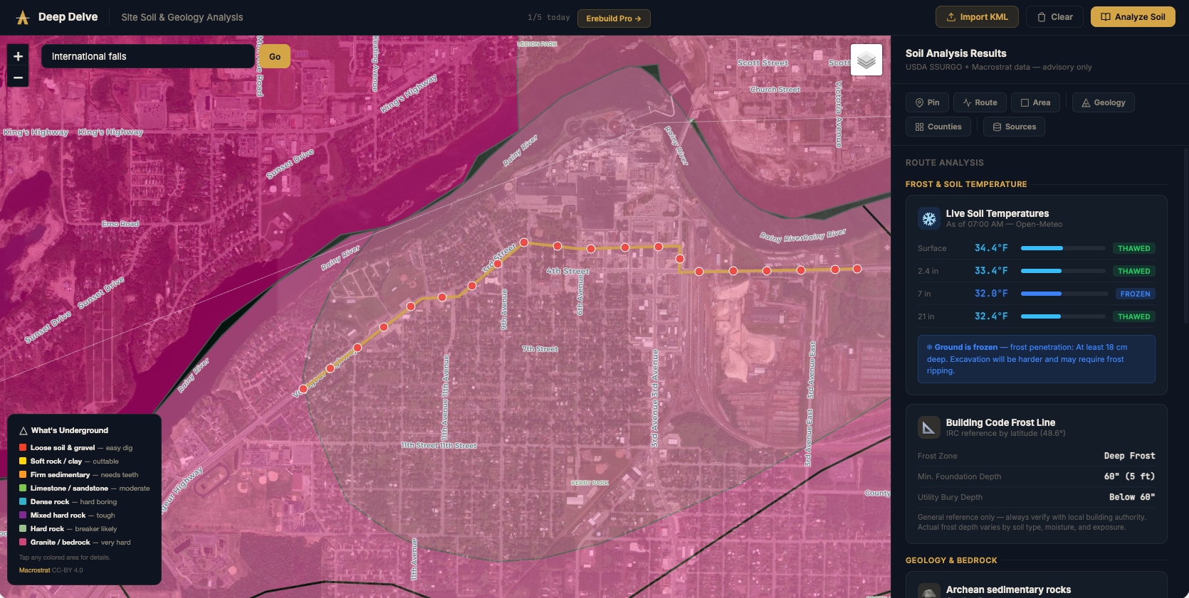 Deep Delve analysis showing soil composition, geology overlay, excavation difficulty, and frost line data on a satellite map